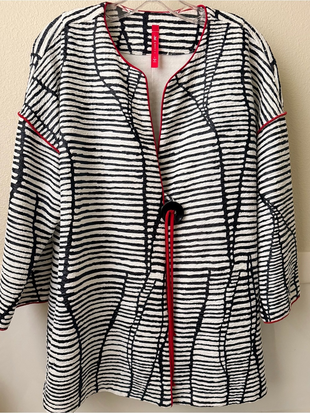 IC COLLECTION Black & White Striped Open Front Jacket with Red Trim